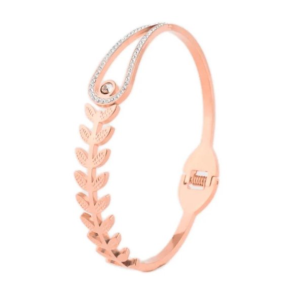 STAINLESS STEEL 18K GOLD PLATED ROSE GOLD LEAVES PLANT INLAY ZIRCONIA BANGLE - Picture 2 of 2